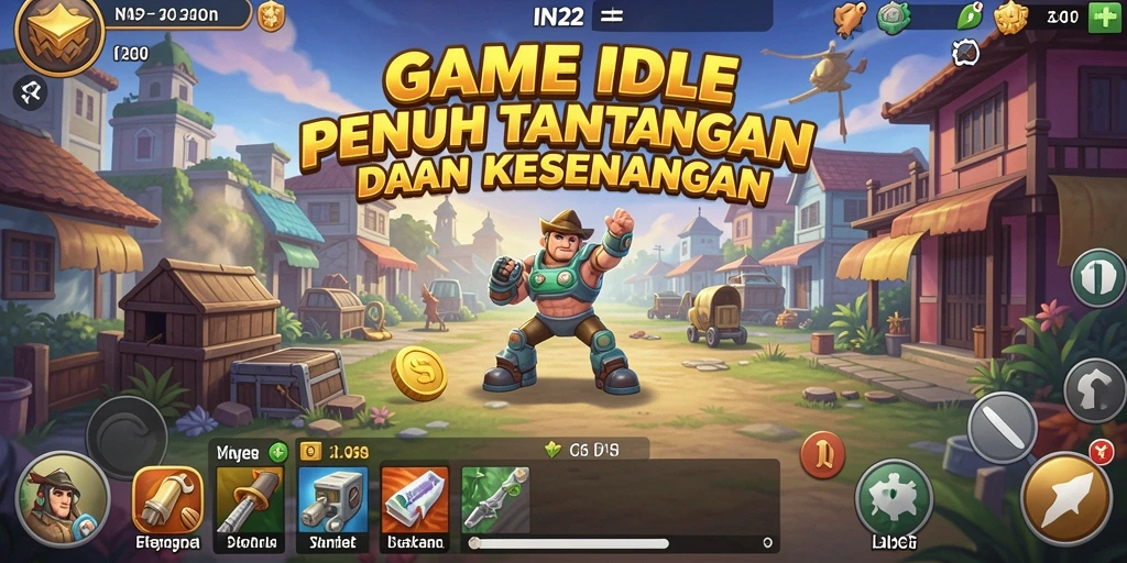 Screenshot gameplay IN22 dengan karakter yang berkembang dan sumber daya yang dihasilkan.