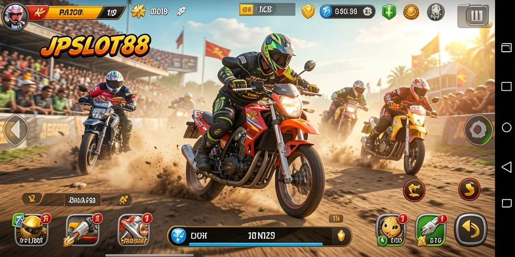 Gameplay JPSLOT88 menampilkan balapan motor yang mendebarkan.