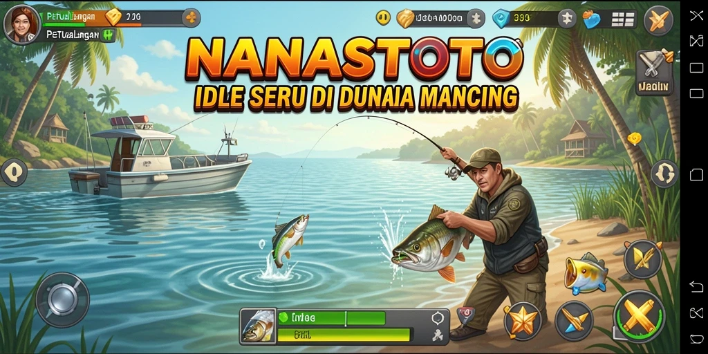 Screenshot gameplay NANASTOTO dengan aktivitas memancing yang seru.
